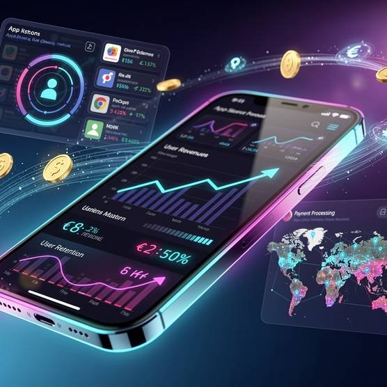 Premium iPhone displaying iOS app development dashboard with revenue graphs and analytics