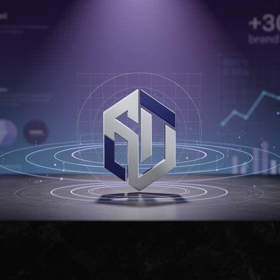 Modern silver logo on dark purple surface with brand recognition metrics glowing in cinematic digital agency aesthetic