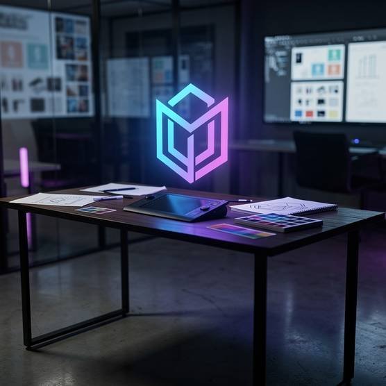Modern digital agency workspace with holographic logo design projection