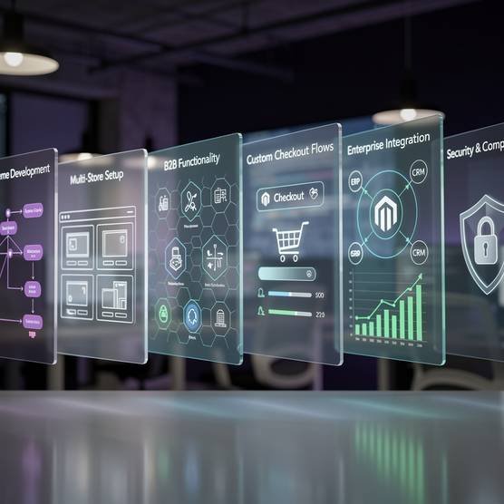 Seven Magento development capabilities displayed as glowing screens in a cinematic agency workspace.