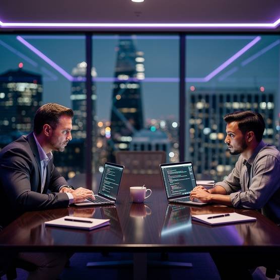Founder discussing Magento store development with developer at night