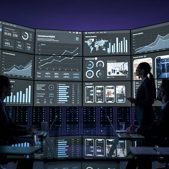 Professionals monitoring enterprise data on a curved display wall in a modern agency control room