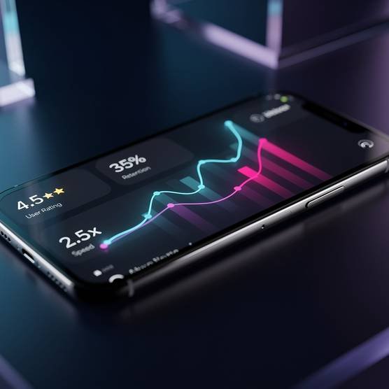 Cinematic close-up of a modern smartphone with a high-quality app interface and analytics dashboard in dark blue and purple tones.