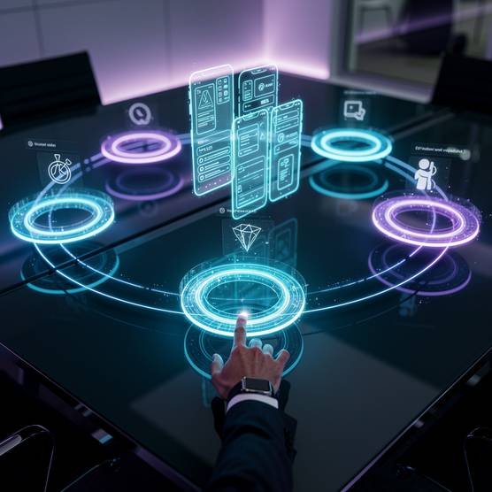 Mobile app development process visualized as holographic workflow in modern tech agency environment