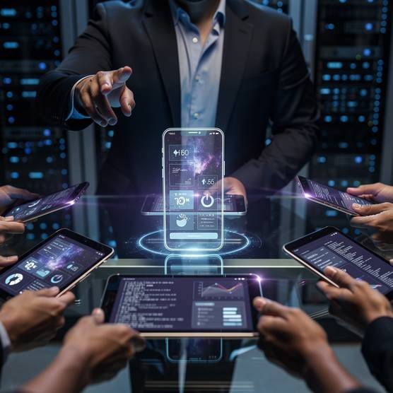 Modern app consulting meeting with developer discussing mobile app design on digital tablets and 3D holographic UI mockup