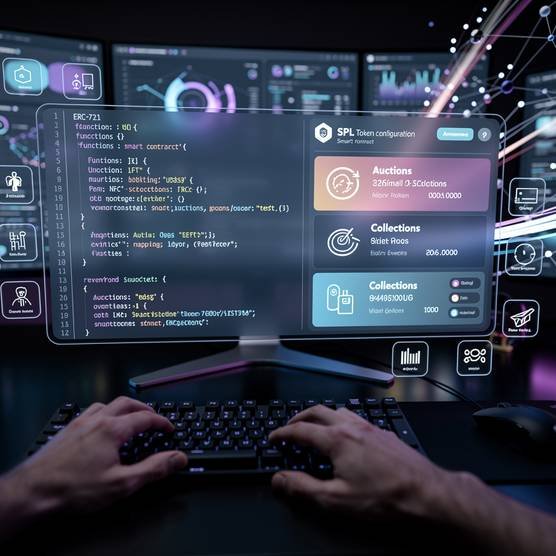 NFT developer working on a holographic interface with advanced blockchain visuals and decentralized storage solutions for digital assets and metadata