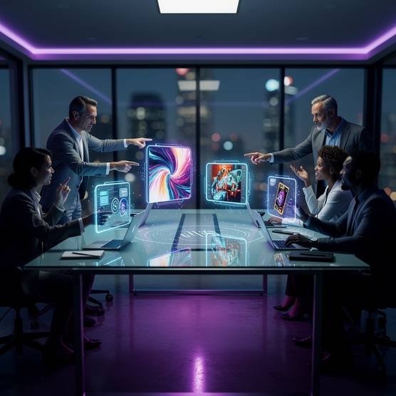 Modern NFT development team in dark blue and purple digital agency workspace with holographic NFT art displays
