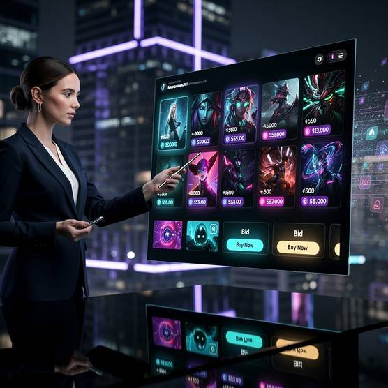 NFT development services featuring a futuristic holographic marketplace, empowering businesses to tap into the digital economy.
