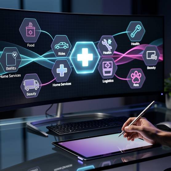 Cinematic dashboard showing interconnected on-demand app services for food, transport, healthcare, and more.