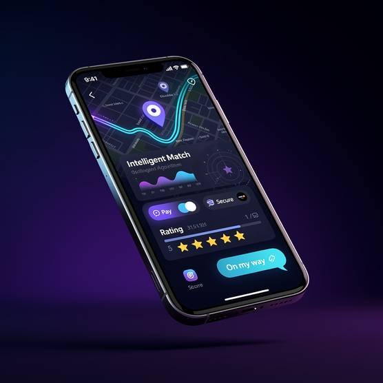 On-demand app features interface with GPS tracking, chat, payments, and ratings