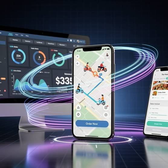 Visualizing the interconnected apps and admin panel of a next-gen on-demand platform ecosystem.