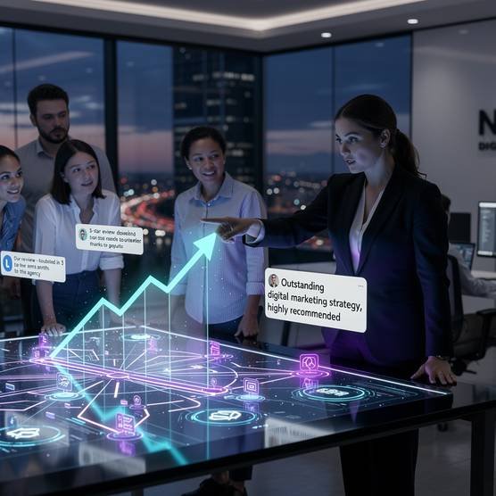 A digital marketing team analyzing online reputation data on a holographic display, showing positive search results and brand mentions in a modern, blue-purple office.