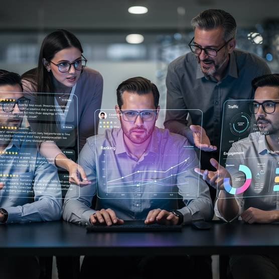 A diverse team of digital reputation specialists working on holographic screens to repair online reputations.