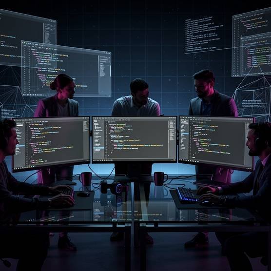 Expert PHP developers working with Laravel, Symfony, and CodeIgniter frameworks in a cinematic, high-tech workspace