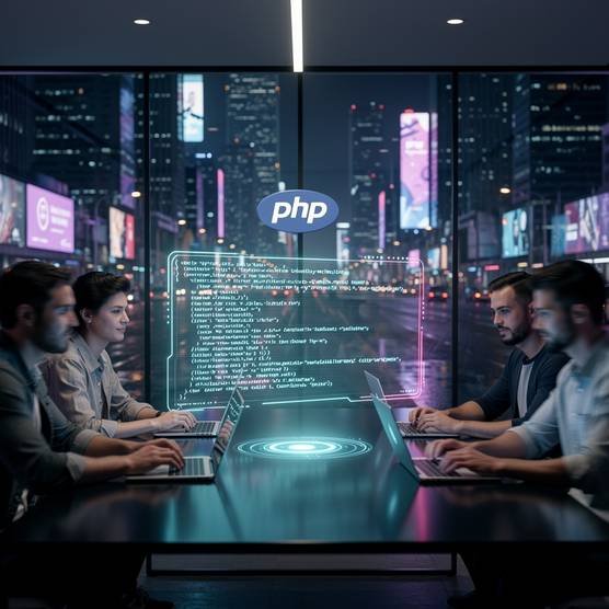 PHP web development experts collaborating in a modern digital agency
