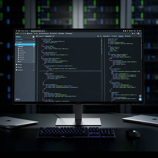 A modern developer workspace with a monitor displaying PHP code and a server room background.