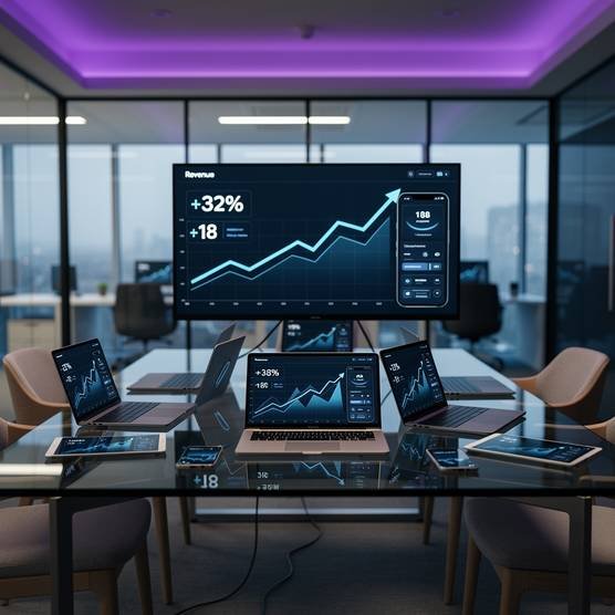 Modern office workspace with devices showing mobile web app analytics and performance charts illustrating successful PWA business results