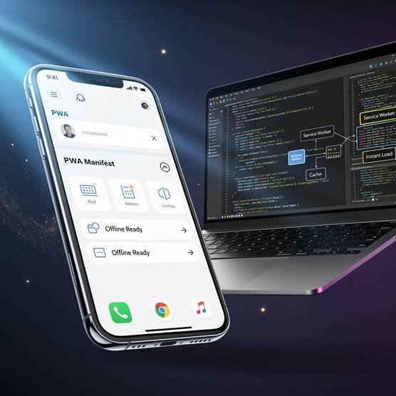 Smartphone and laptop displaying modern PWA capabilities with dark blue cosmic aesthetic and HDR lighting.