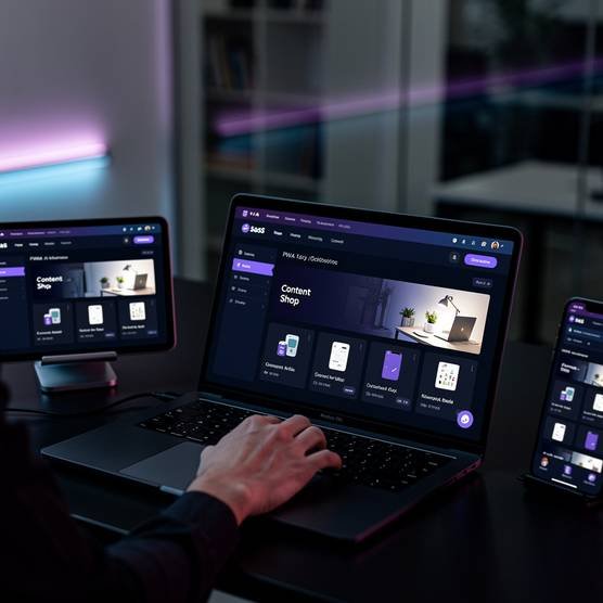 Developer using PWA across multiple devices showcasing cross-platform compatibility and budget-friendly development