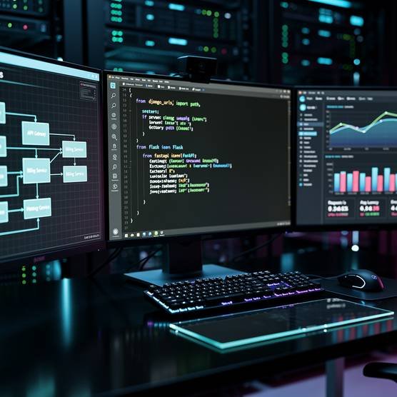 Developer workspace with Python code on multiple screens in dark blue and purple lighting