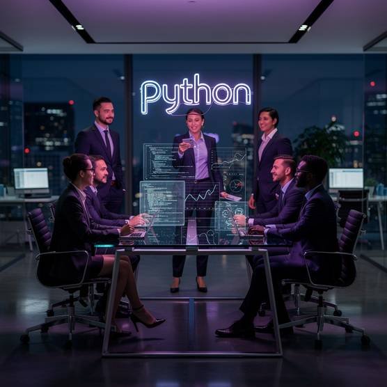 Python web development team in futuristic office with holographic code