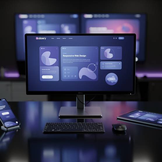 Responsive web design agency showcasing adaptive websites on multiple devices with dark blue and purple cinematic lighting
