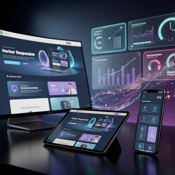 Responsive website development across desktop, tablet, and mobile devices with dark blue purple digital agency aesthetic