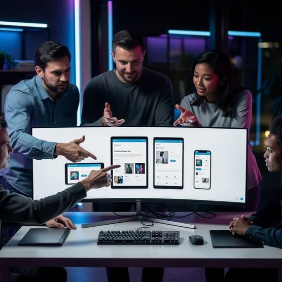 Team collaborating on responsive website design solutions in a modern digital agency with dark blue and purple lighting