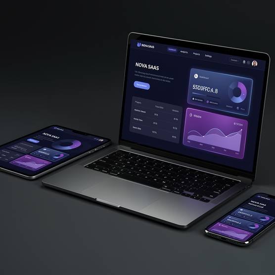 Responsive web design across devices with dark blue and purple digital agency aesthetic