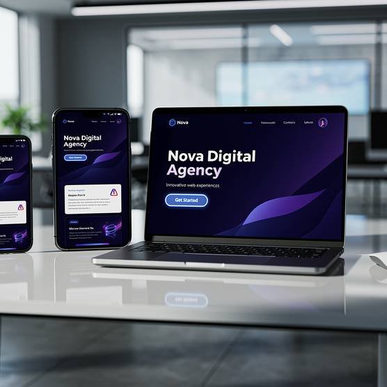 Responsive web design across multiple devices, displaying a modern, user-centric website with a dark blue and purple theme.