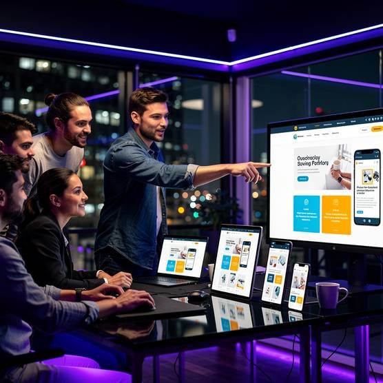 A team of developers in a modern digital agency office, illuminated by blue and purple light, reviewing responsive web development across multiple screens.