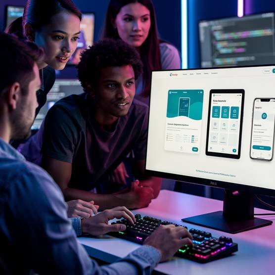 Web developers showcasing a responsive website design across multiple devices in a dark blue and purple office