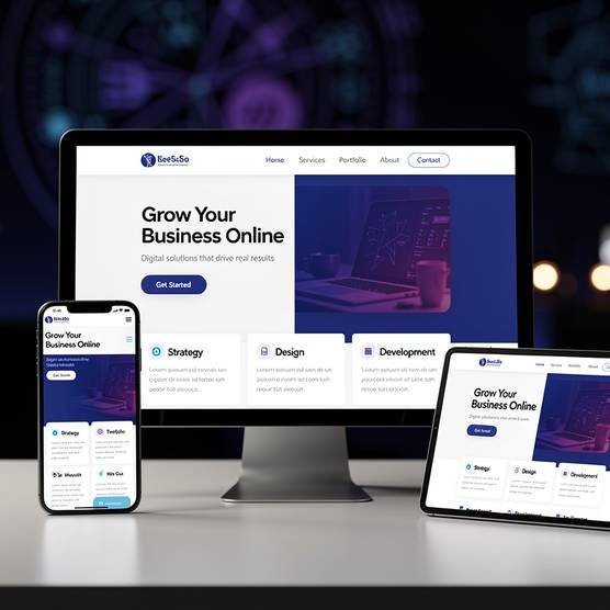 Responsive website design displayed across a desktop monitor, tablet, and smartphone showing seamless adaptation for different screen sizes.