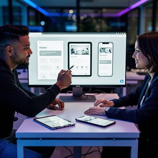 Team of web developers collaborating on a responsive website design, showcased across multiple devices in a modern digital office with cinematic lighting.