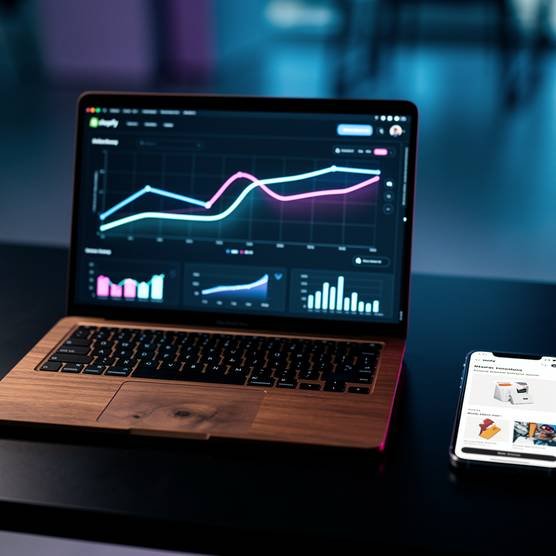 Sleek modern workspace with laptop showing Shopify dashboard and smartphone displaying mobile e-commerce store
