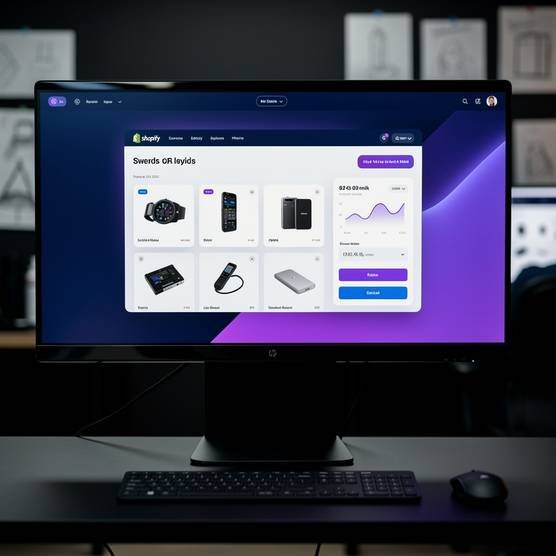 Custom Shopify website design on a modern monitor in a dark blue and purple digital agency workspace