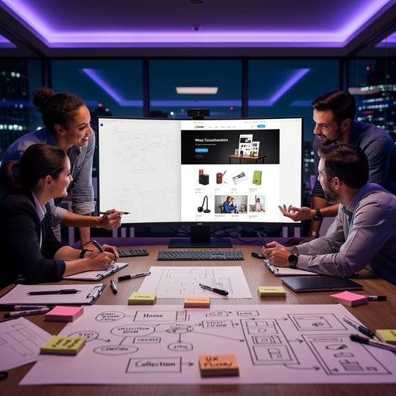 Professional team collaborating on Shopify web design strategy in a modern agency office