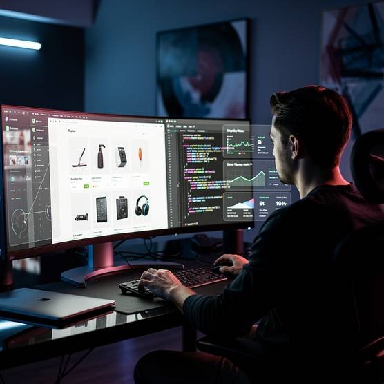 Modern Shopify web development solutions on a dark-themed digital agency workspace