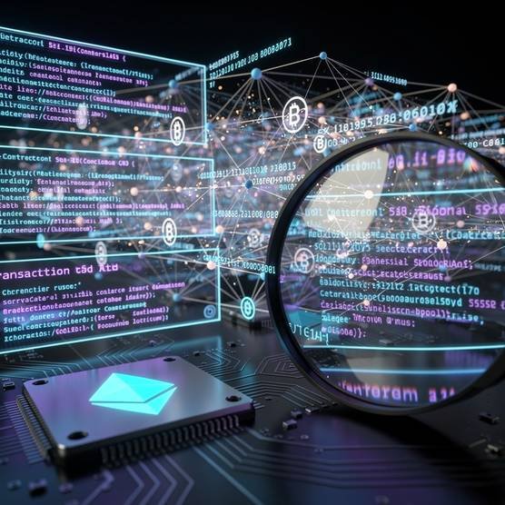 Smart contract development with Solidity and Rust code, blockchain nodes, and security audit visuals in dark cinematic style.