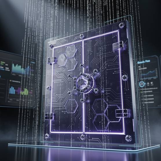 glowing blockchain smart contract code floating in a dark blue and purple digital atmosphere