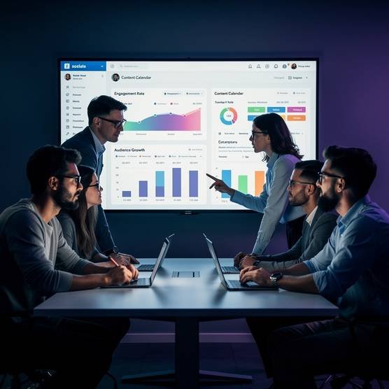 A diverse marketing team collaborating on social media strategy in a modern office, illuminated by a screen displaying analytics.