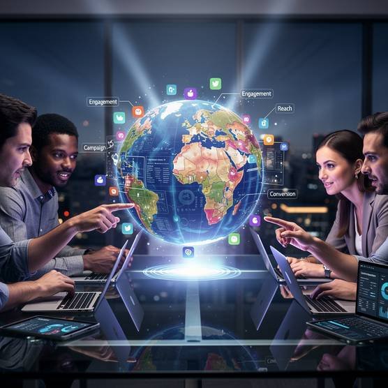 A diverse team of social media marketing specialists collaborating in a modern office, gathered around a holographic globe showing social media data.