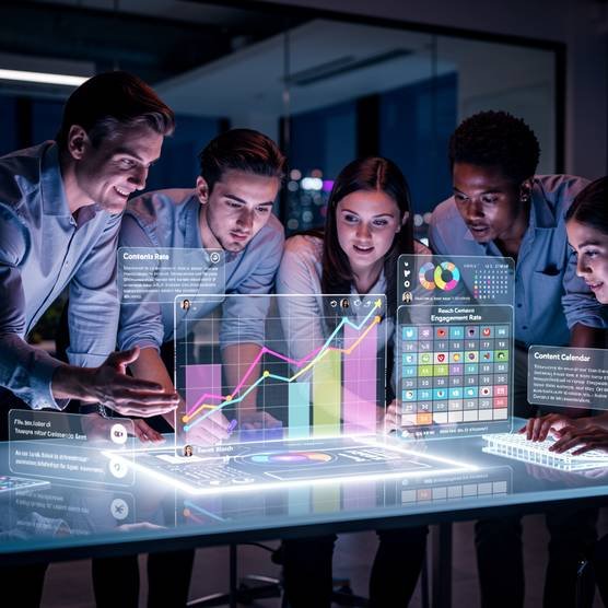 Marketing team analyzing social media data on a holographic display, illustrating expert social media management and targeted campaigns.