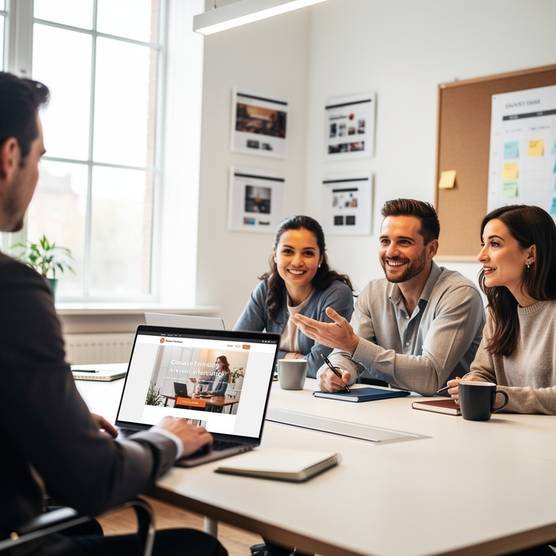 Web design agency presenting website redesign to clients in a bright modern conference room