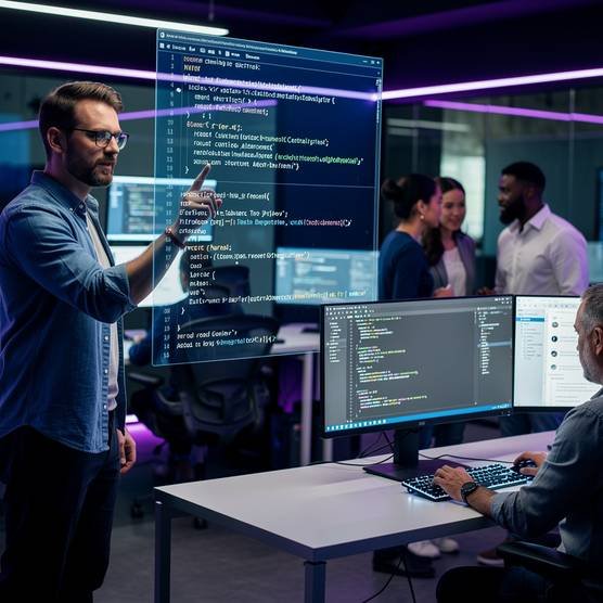 Seasoned web developers collaborating on code in a modern, dark themed office.