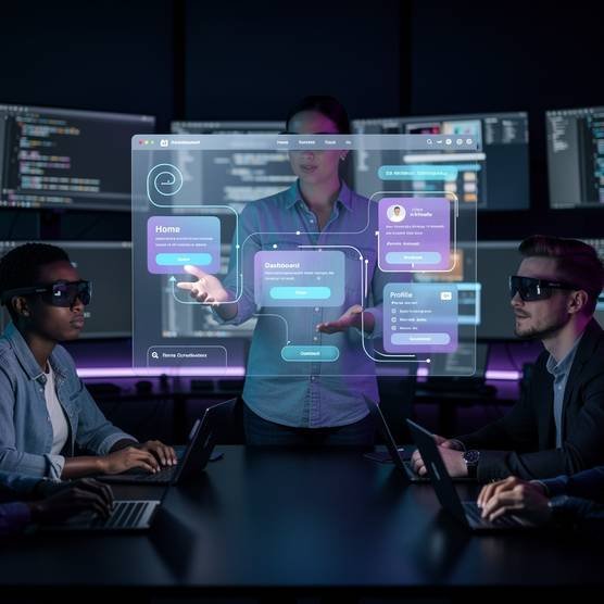 Web developers interacting with a holographic projection of a user-experience-focused website, showcasing immersive and dynamic web design.