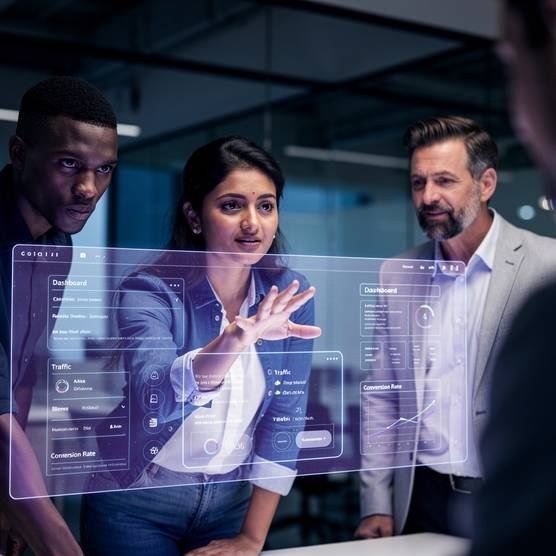 Three professionals and a client collaborating on a transparent screen, showing website wireframes and data, depicting transparency and creative teamwork in web development.