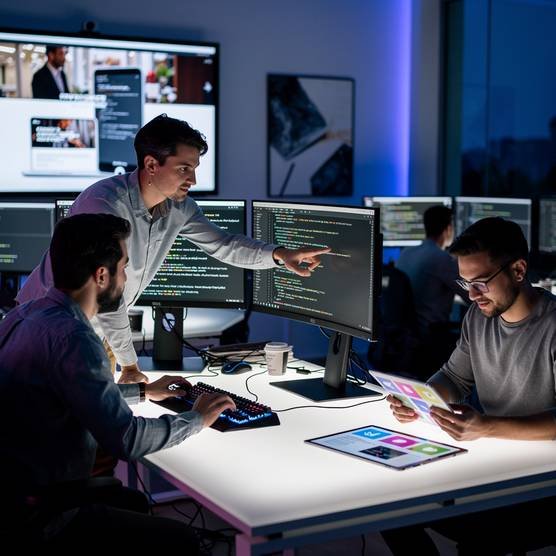 Web developers collaborating in a modern office with glowing screens, symbolizing digital scaling for businesses.