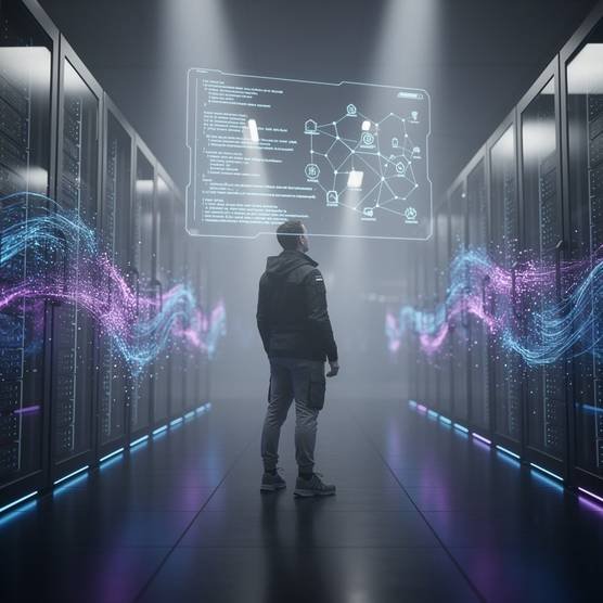 A developer interacting with a holographic blockchain interface in a futuristic data center with glowing blue and purple data streams, representing Web3 development.