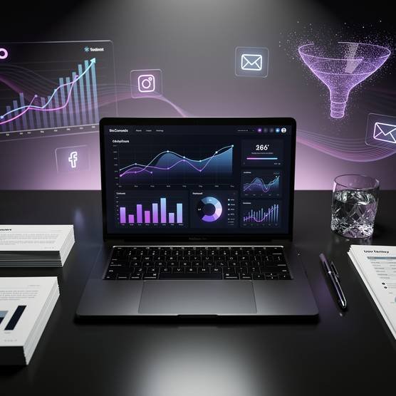 White label digital marketing services dashboard showcasing SEO, PPC, social media, and analytics on a sleek dark workspace